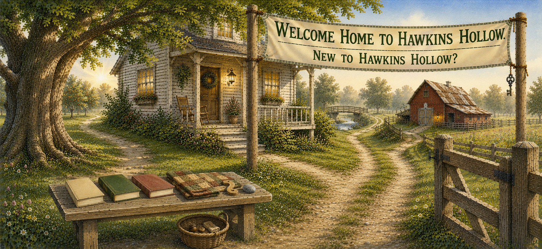 Start Here banner featuring the welcoming entrance to Hawkins Hollow.